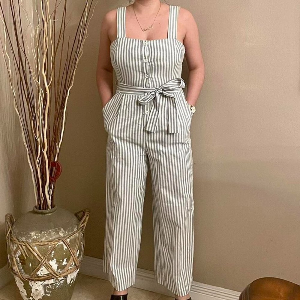 White, Gray Pinstripe Jumpsuit
